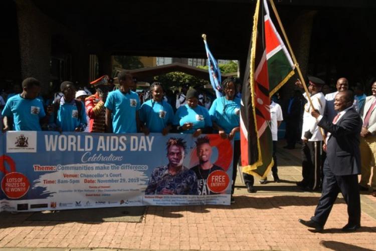 The Ag. VC Prof. Isaac Mbeche flags off the walk marking World Aids Day 2019